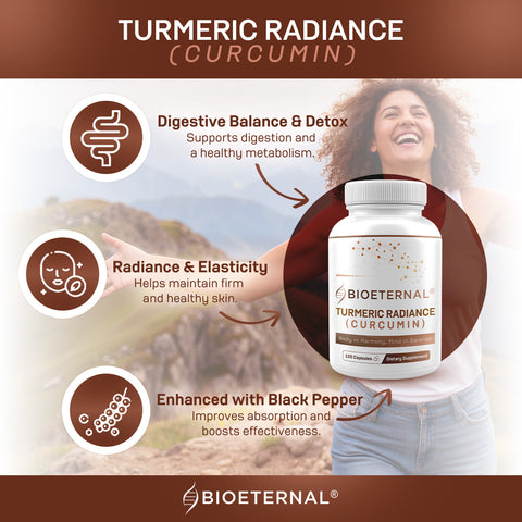 BIOETERNAL Turmeric Radiance Curcumin Supplement, 120 Capsules, with Black Pepper Extract